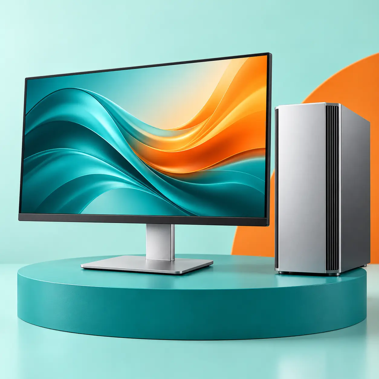 Desktop computer and monitor on a teal display plinth