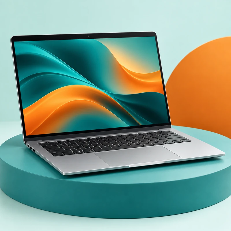 Silver laptop with a teal and orange display